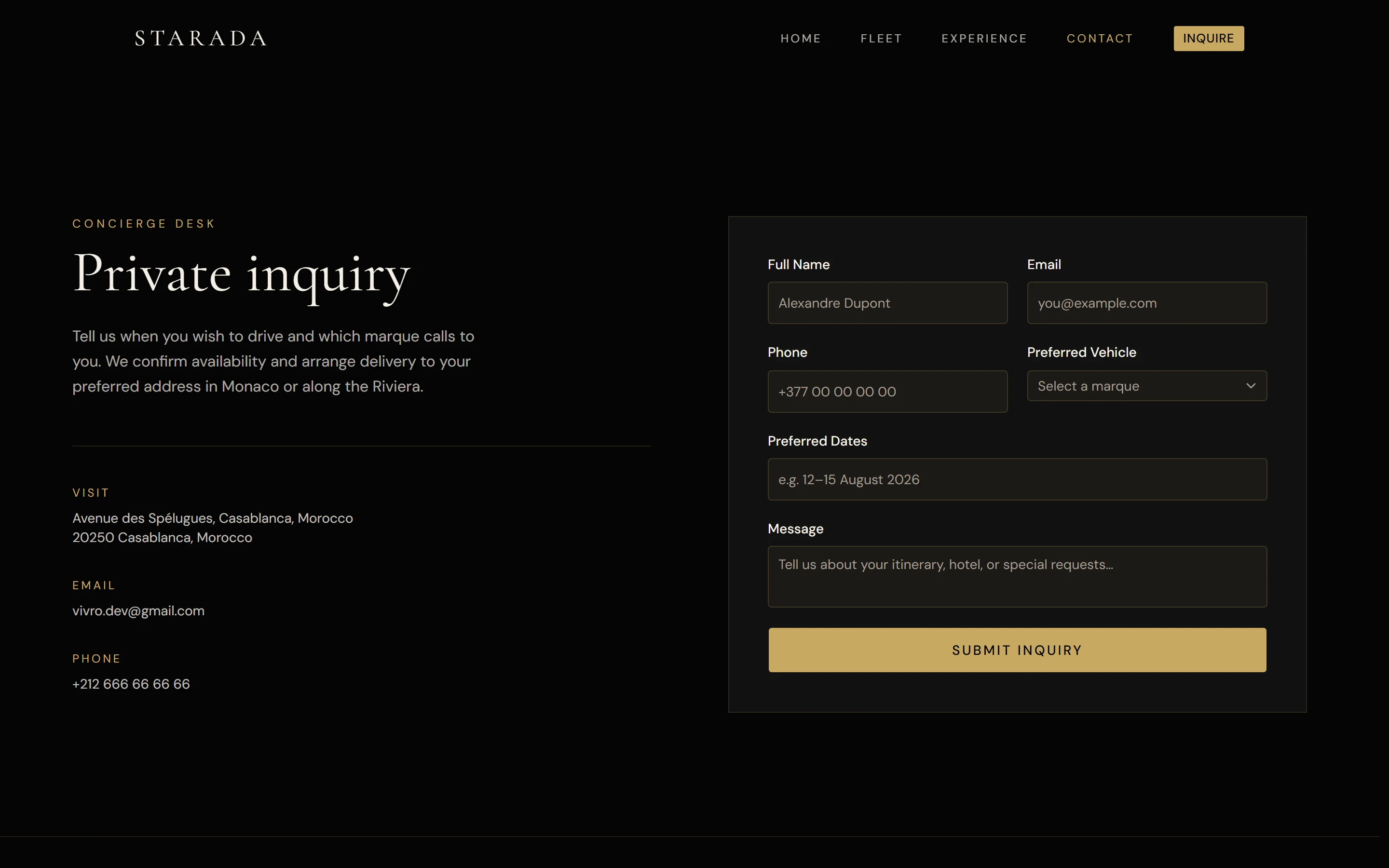 Private concierge inquiry with clear validation and luxury-toned UX